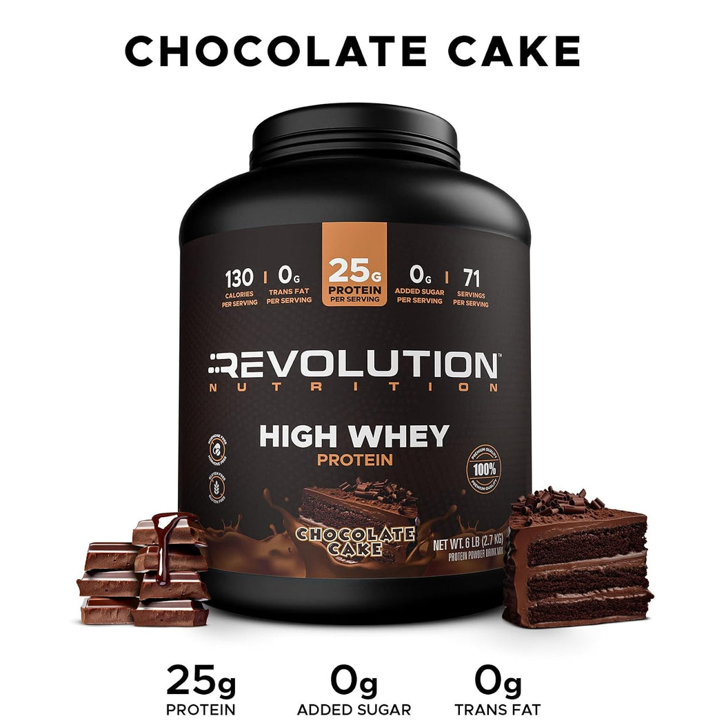 Revolution Nutrition, High Whey, Protein Powder 6LB, Whey Isolate, Gluten Free, Lean Muscle Mass for Men & Women, 25g of Protein Per Scoop, 2.7kg, 73 Servings (Chocolate Cake, 6 Pound)