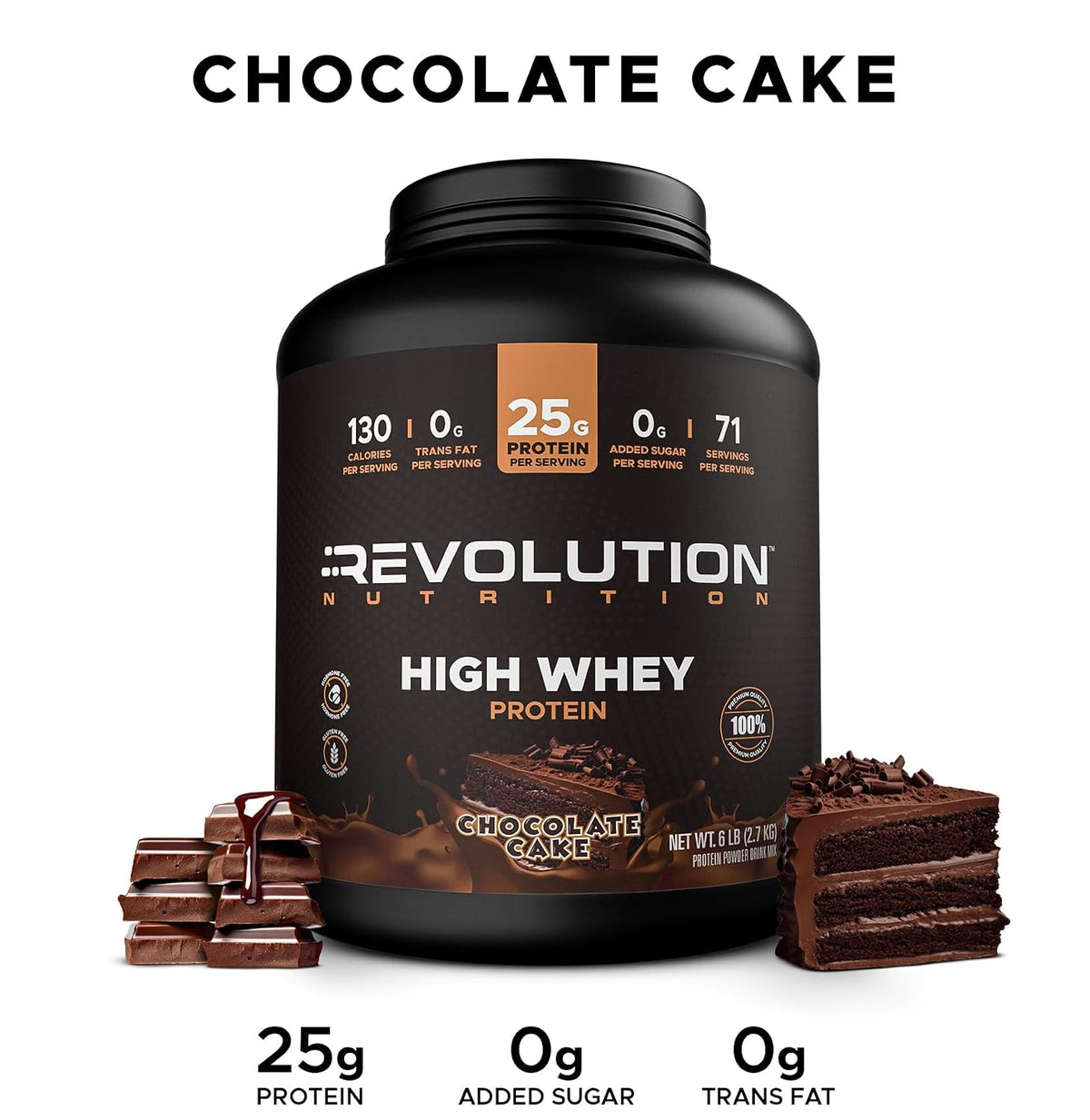 Revolution Nutrition, High Whey, Protein Powder 6LB, Whey Isolate, Gluten Free, Lean Muscle Mass for Men & Women, 25g of Protein Per Scoop, 2.7kg, 73 Servings (Chocolate Cake, 6 Pound)