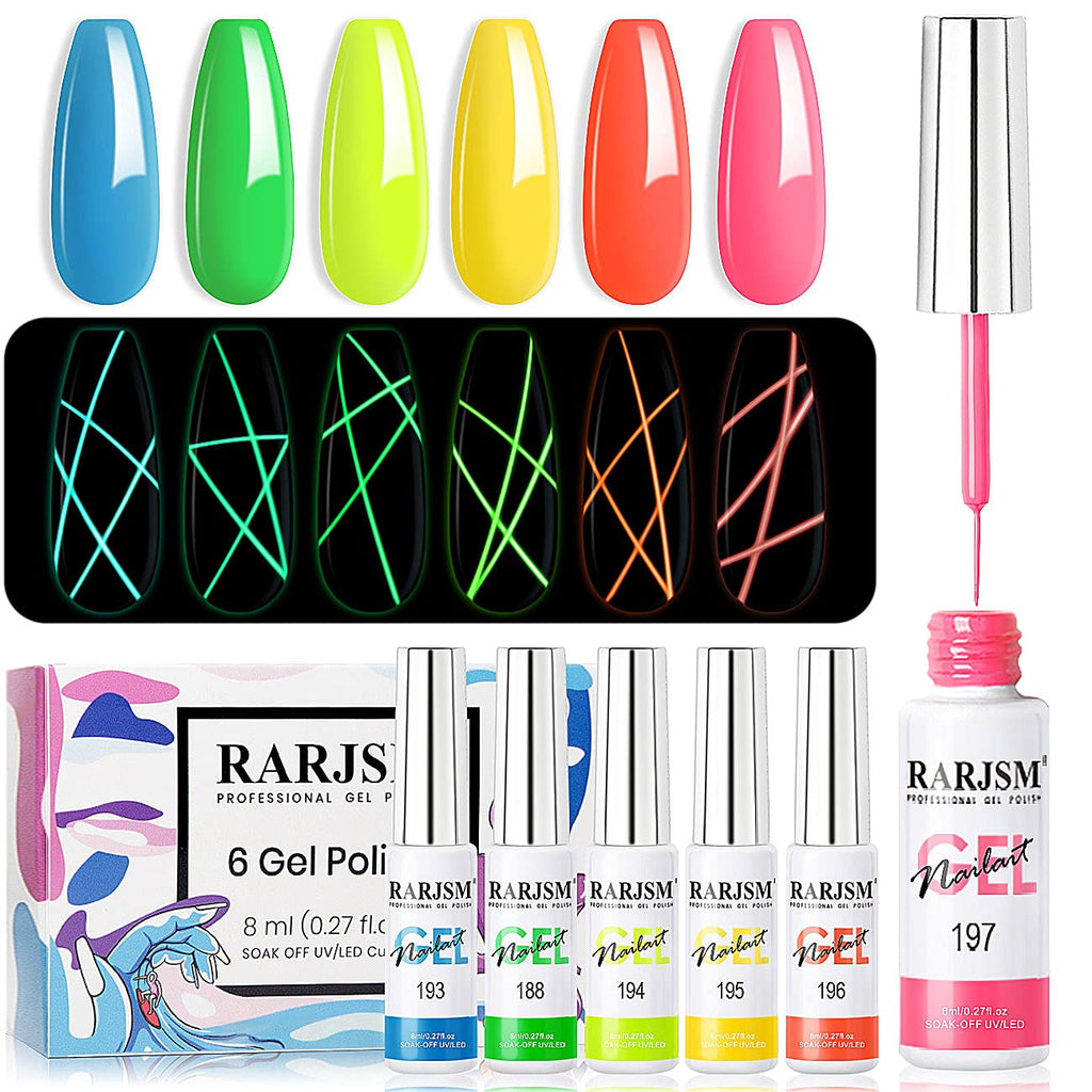 RARJSM Painted Gel Nail Polish Set, Line Art Gel 12 Colors Neon Pink Yellow Green Glitter Silver Gold Nail Art Painting Manicure Tools DIY Drawing NailGel for Line U V L E D Required