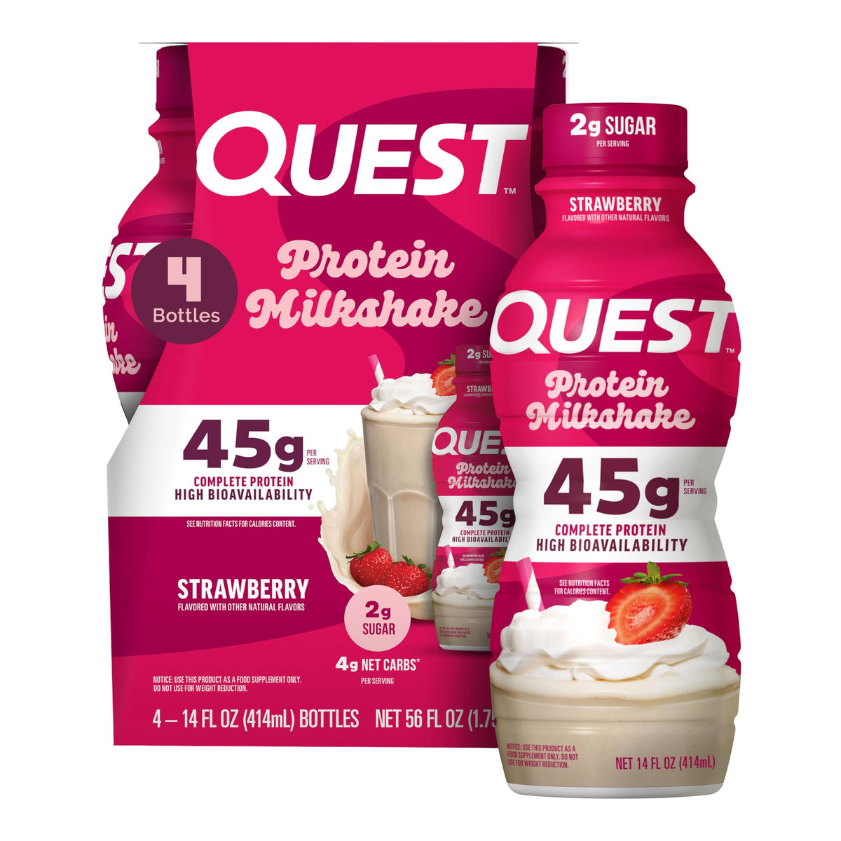 Quest Nutrition Strawberry Protein Shake, 45g Protein, 2g Sugar, 4g Net Carbs, Ready to Drink, Gluten Free, 12 Count