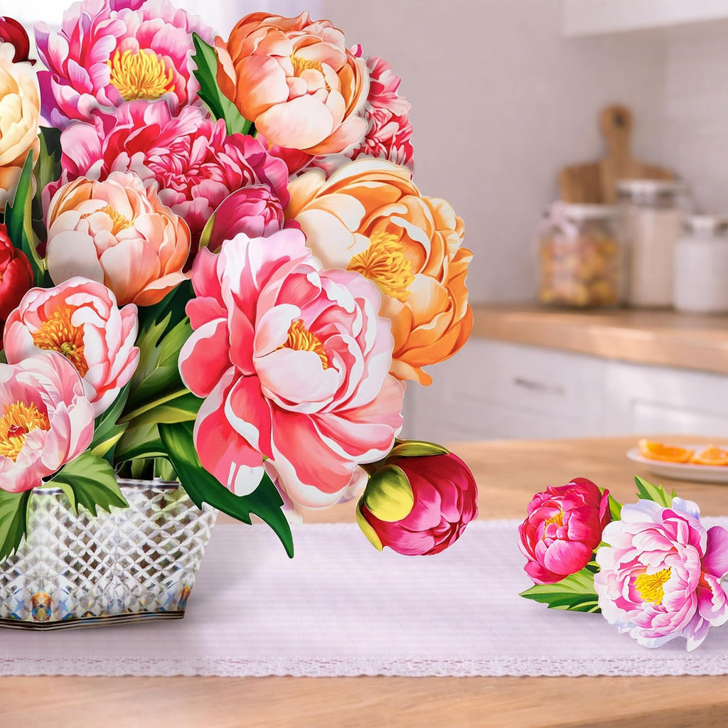 Peony Pop Up Card, 16 Inches Real Size Display 3D Greeting Card, Paper Flower Bouquet, Gift for Mothers Day, Birthday, Valentines Day, Anniversary, Includes Envelope & Message Note