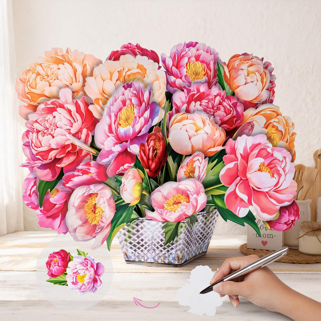 Peony Pop Up Card, 16 Inches Real Size Display 3D Greeting Card, Paper Flower Bouquet, Gift for Mothers Day, Birthday, Valentines Day, Anniversary, Includes Envelope & Message Note