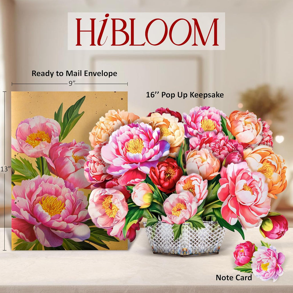 Peony Pop Up Card, 16 Inches Real Size Display 3D Greeting Card, Paper Flower Bouquet, Gift for Mothers Day, Birthday, Valentines Day, Anniversary, Includes Envelope & Message Note
