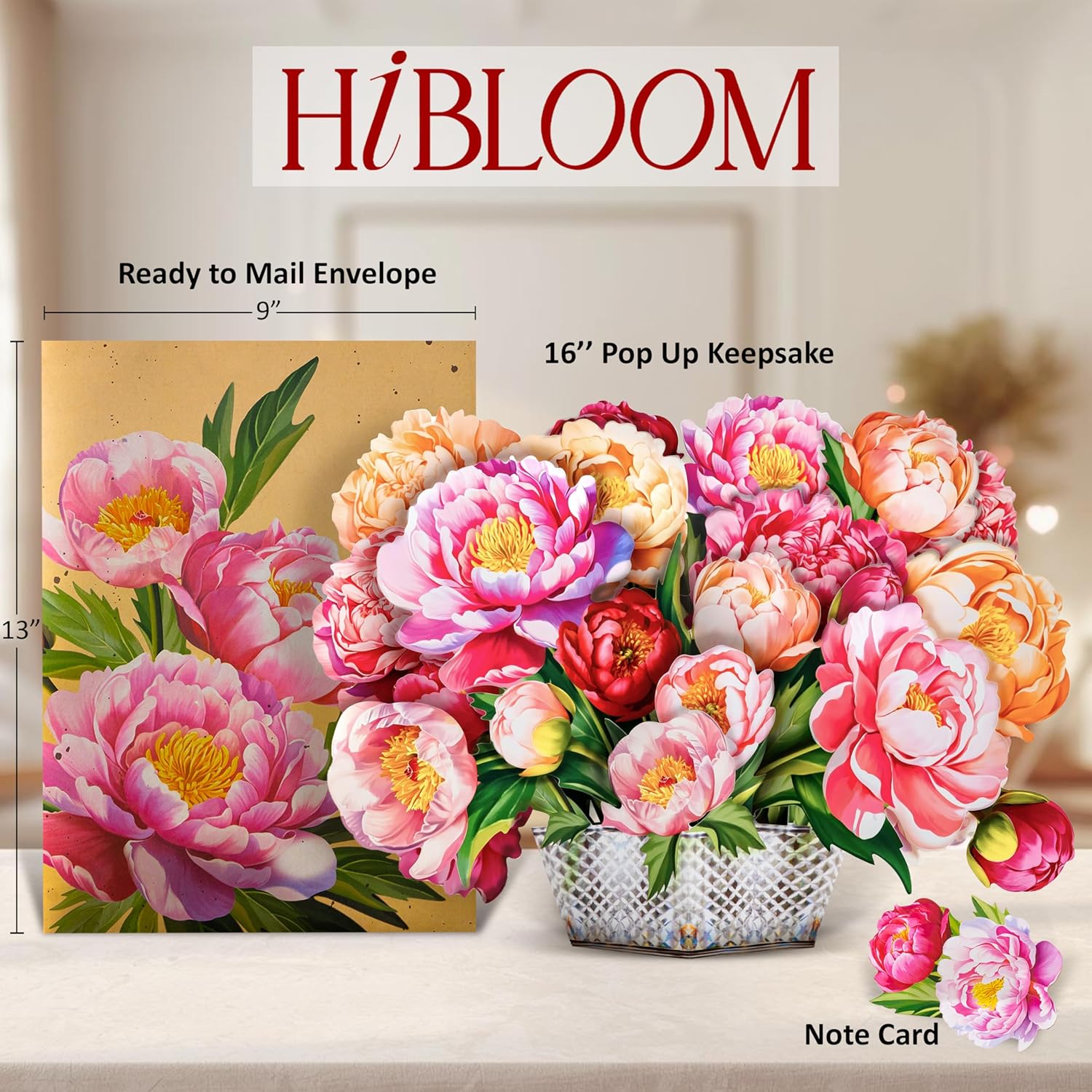 Peony Pop Up Card, 16 Inches Real Size Display 3D Greeting Card, Paper Flower Bouquet, Gift for Mothers Day, Birthday, Valentines Day, Anniversary, Includes Envelope & Message Note